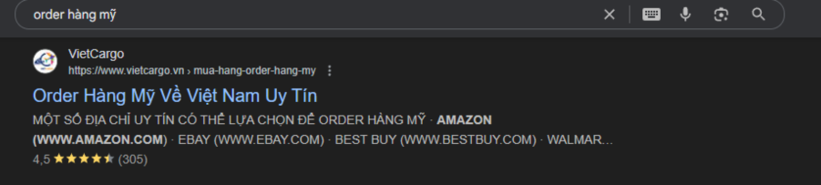 vietcargo.vn order hàng mỹ top Google