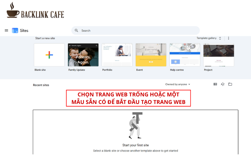 Chọn mẫu Google Site và tạo trang mới