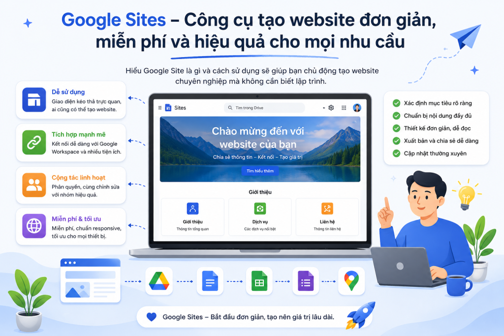 Google Site là gì? Giải pháp tạo website đơn giản, miễn phí và phù hợp cho cá nhân, doanh nghiệp nhỏ hoặc dự án nội bộ.