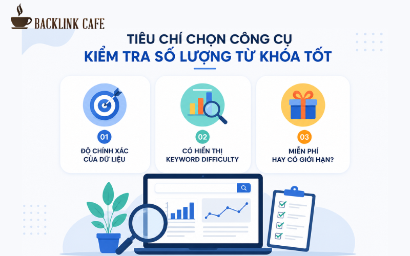 Tiêu chí lựa chọn công cụ kiểm tra số lượng tìm kiếm từ khóa gồm độ chính xác dữ liệu, Keyword Difficulty và giới hạn miễn phí