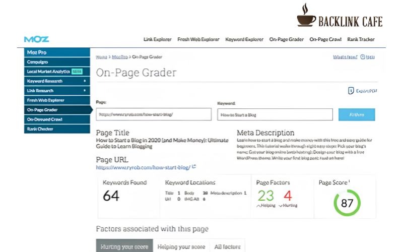 Công cụ Moz On-Page Grader kiểm soát check lỗi cho Onpage