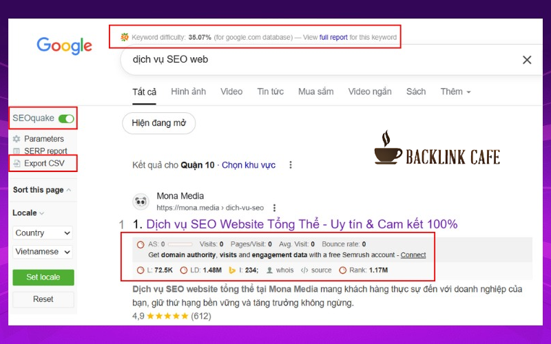 SEOquake hiển thị dữ liệu trên Google SERP