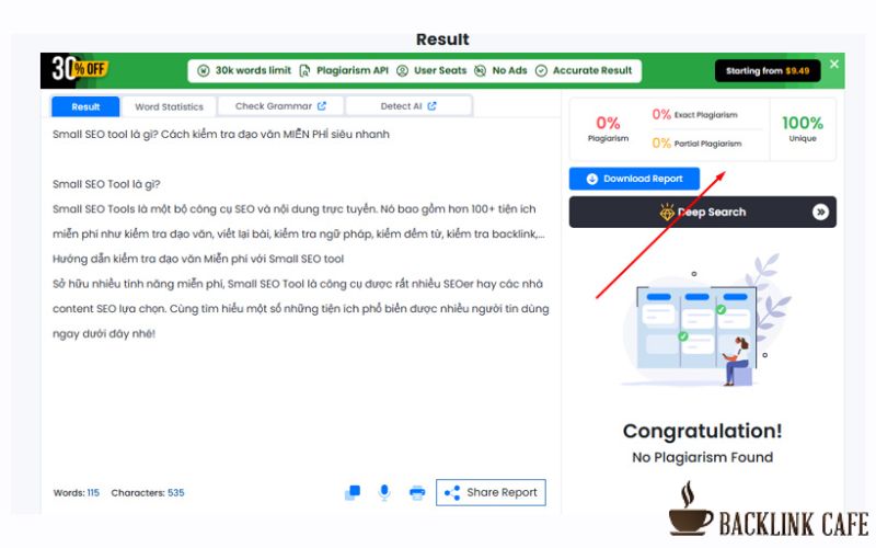 Chạy kiểm tra và xem nguồn trùng lặp trong SmallSEOTools check đạo văn